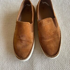 FRYE Tan Suede Slip-On Loafers with White Sole, Size 7.5